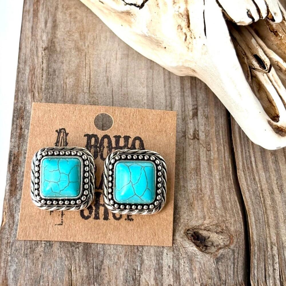 Turquoise Stone Square Stud Earrings Western Brushed Silver